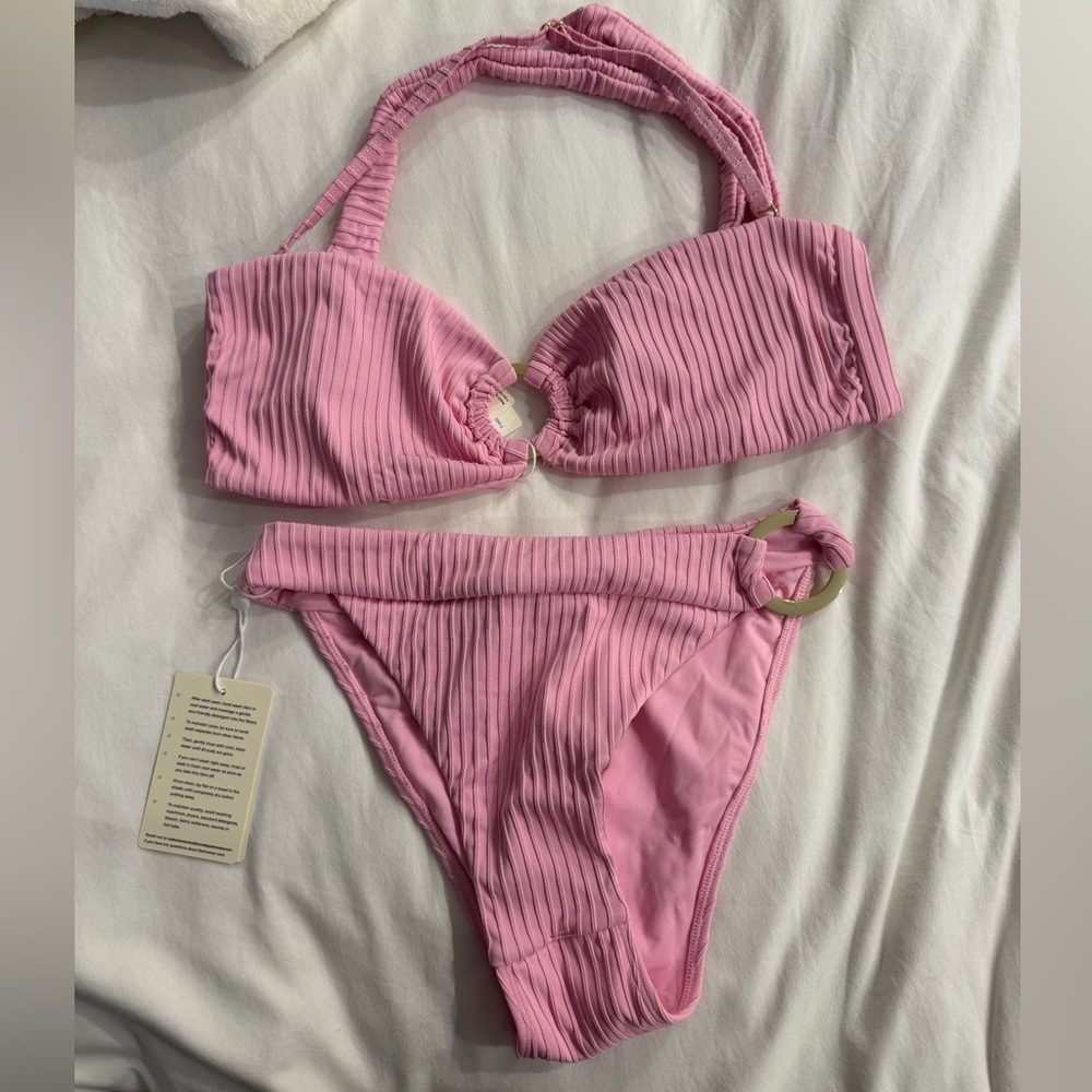 Monday Swimwear Pink Ribbed Bikini Set